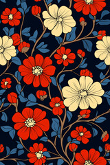 Seamless floral pattern featuring elegant red and yellow flowers blooming gracefully on a dark blue background, creating a captivating design