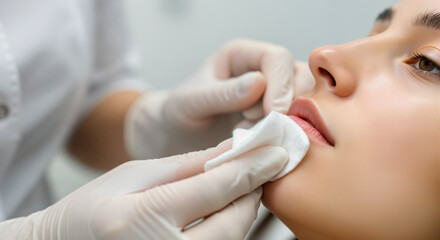Esthetician Prepares Woman's Lips Before Cosmetic Procedure. Concept is beauty, aesthetics, skincare, cosmetic treatments, beauty clinics, lip augmentation, or dermatology. 