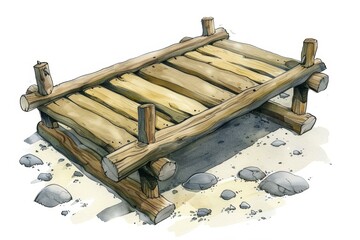 Rustic Timber Bridge over a Rocky Creek Bed Illustration in Cartoon Style with Shadow Effects