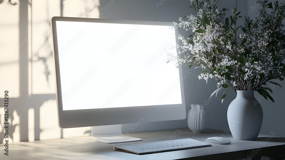 Poster a computer monitor with an empty white screen stands on a table next to a vase of flowers. a mockup 