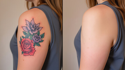  Before and after tattoo removal showing clearer skin and faded ink. The concept is of cosmetic procedures, skincare, beauty, and regret. Suitable for beauty, lifestyle, and cosmetic treatment content