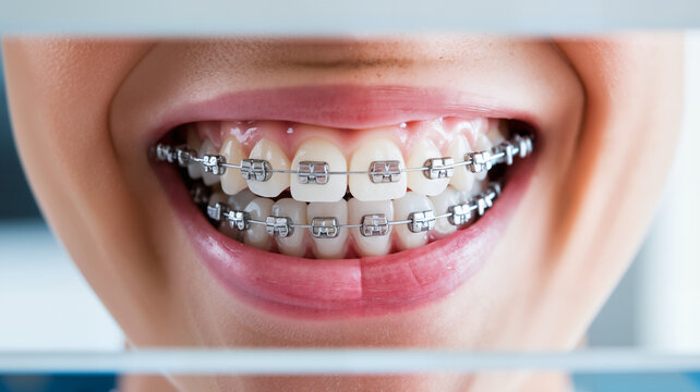  Close-up of Teeth with Braces.  The concept is dental, orthodontics, health, and correction. For advertising, social media, blog posts related to dental care, orthodontics, or teeth straightening. 