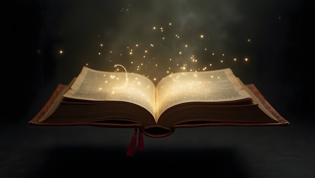 The leather-covered book glows, the book floats in mid-air, reminiscent of ancient wisdom.