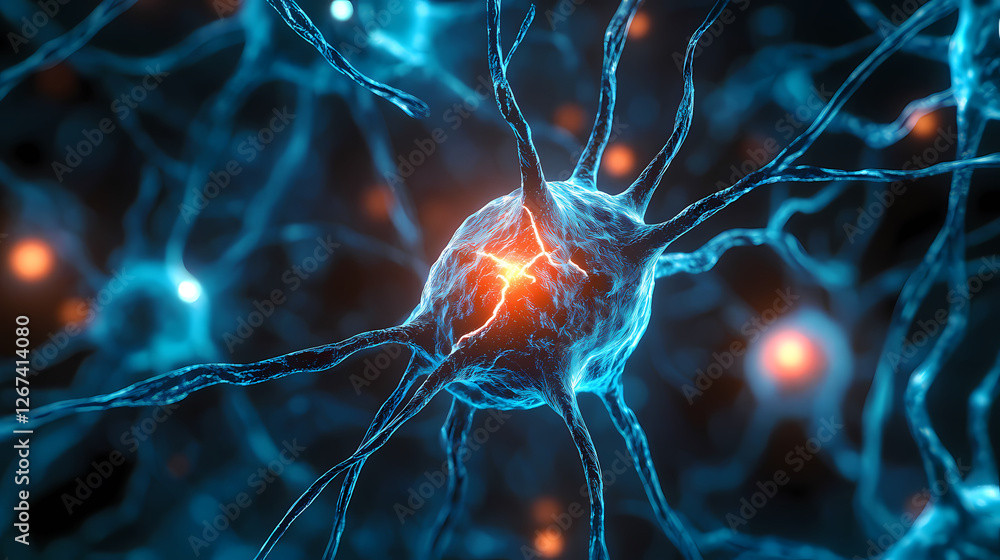 Poster 3d rendering of a neuron cell with glowing connections