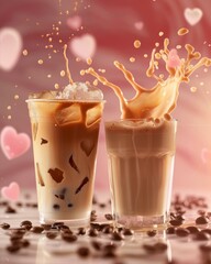 Two Glasses of Coffee with Splashes and Hearts Valentine s Day Romantic Scene Refreshing Beverages