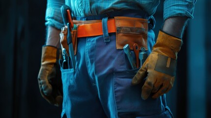 Close-up of handyman wearing gloves and tool belt on blue trousers during home renovation