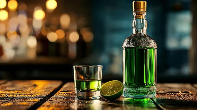 Vintage absinthe bottle on wooden table with lime and shot glass