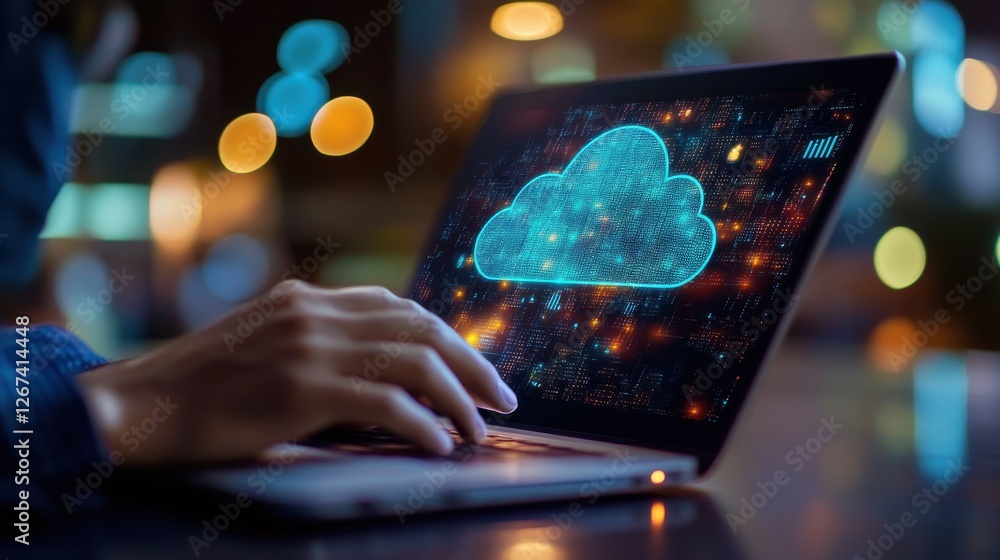 Poster close up of male hands using laptop at desktop with abstract digital cloud on blurry background. clo