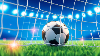 Naklejka premium Soccer Ball in Goal Net, Stadium Background, Sports, Game, Goal