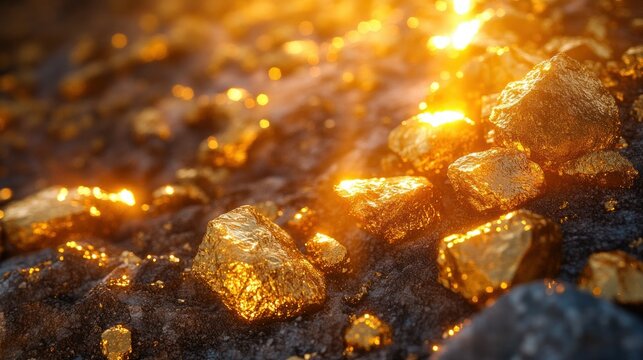 Golden nuggets glistening in sunlight on dark rock, ideal for wealth concept