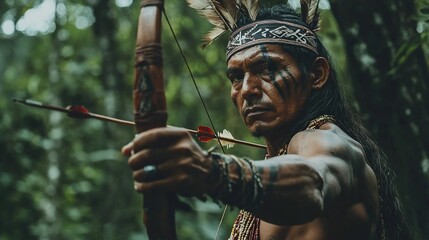 Indigenous man aiming bow and arrow in jungle.