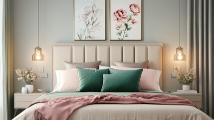 Pink and green pillows on bed with beige bedhead and lamps in modern bedroom interior with floral posters