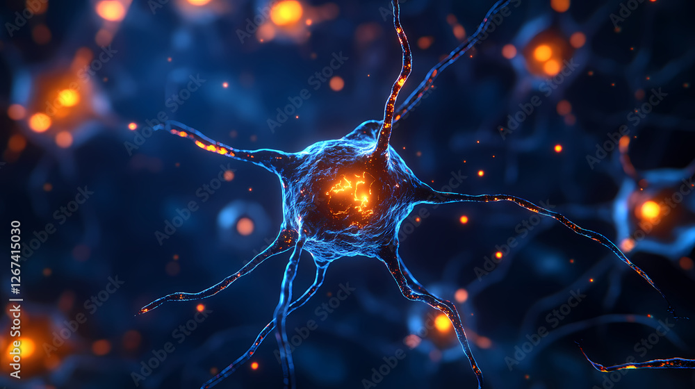 Poster 3d rendering of a neuron cell with blue core and orange nodes