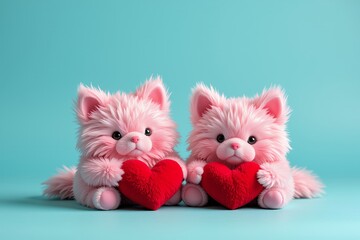 Obraz premium Adorable Pink Fluffy Kittens Holding Red Hearts Valentine s Day Love Cute Animals