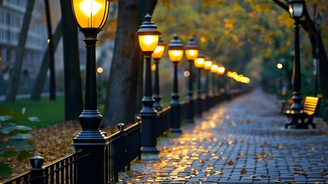 Vintage lampposts lining a nighttime city park pathway