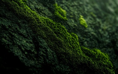 Dark green moss spreading across a rough stone surface in a lush outdoor habitat representing organic growth and the beauty of nature