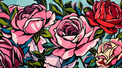 Pink roses with a pop art style, bold and vibrant