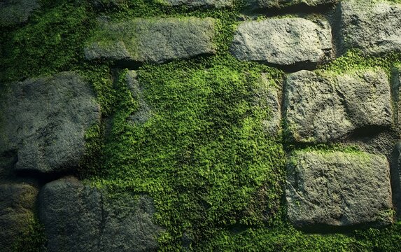 Aged stone brick wall with bright green moss growing in the crevices creating a natural and rustic architectural texture in an urban setting