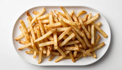 Freshly Cooked Golden Brown French Fries Served on a White Dish Isolated on a Clean Background for Food Lovers