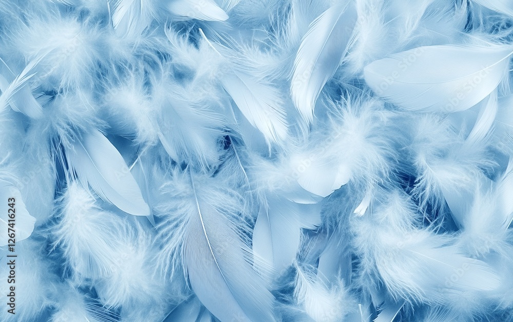 Poster fluffy light blue feathers in motion with soft and airy close-up natural background creating a dream