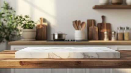 Stylish marble tabletop on wooden platform with copyspace for your logo at blurry kitchen utensils and dishes on light wall background. 3D rendering, mockup