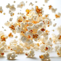 Popcorn flying isolated. Popcorn background. Corn popcorn snack close-up.