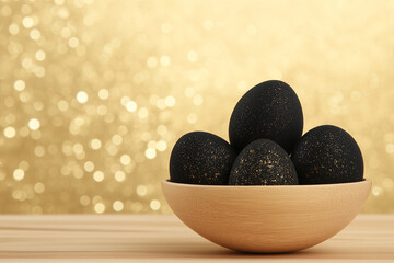 A wooden bowl filled with black eggs that have a glittery gold speckled design, set against a shimmering gold bokeh background.