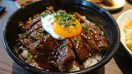 A comforting bowl of donburi (Japanese rice bowls), topped with simmered beef and egg,
