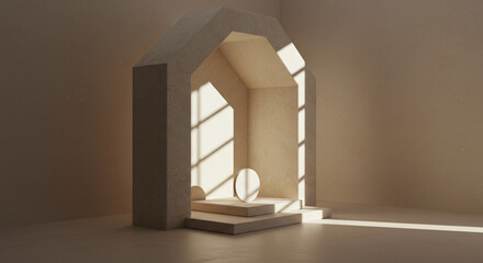 A minimalist abstract sculpture rendered in neutral tones, illuminated by dramatic light and shadow