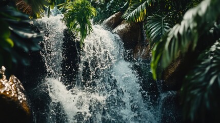 Lush Waterfall Cascading Rocks, Tropical Plants