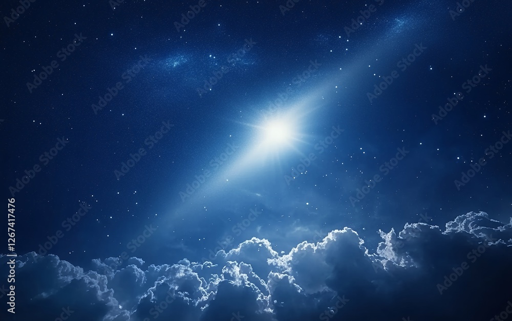 Poster glowing starburst light shining through the deep blue sky with floating clouds and twinkling stars f