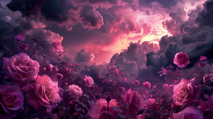 Fototapeta premium Pink roses with a stormy sky in the background, intense atmosphere