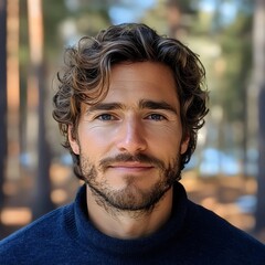 Fototapeta premium A man with a beard and a blue sweater is smiling