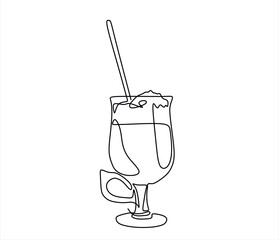Continuous one line drawing of Glass of lemonade, or cocktail with lemon.	