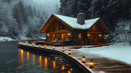 Snowy Log Cabin On Lakeside Deck At Night
