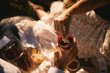 Detail of a picnic at sunset with a bridal dress and champagne