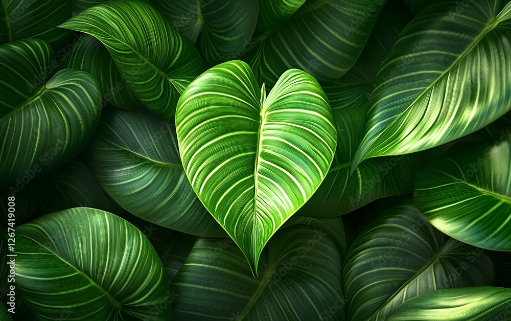 Poster stunning closeup of a large vibrant green leaf with unique vein patterns and a glossy surface in a d