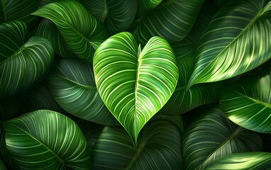 Stunning closeup of a large vibrant green leaf with unique vein patterns and a glossy surface in a dense tropical jungle background perfect for designers and nature enthusiasts