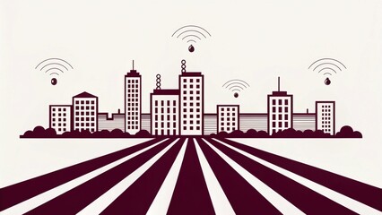 A stylized city skyline with radio signals, symbolizing connectivity and technology against a backdrop of agricultural fields.