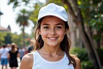 Happy Smiling Teen Girl in White Cap Outdoors Summer Park Portrait
