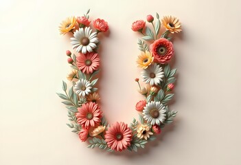 Letter U made of real natural flowers and leaves. Flower font concept. Unique collection of letters and numbers. Spring, summer and valentines creative idea.

