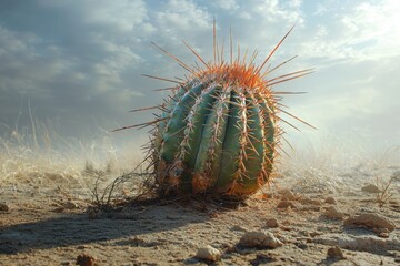 A solitary barrel cactus displaying vibrant orange spines against a bright sky, standing in a arid landscape of the Southwest, a symbol of resilience.