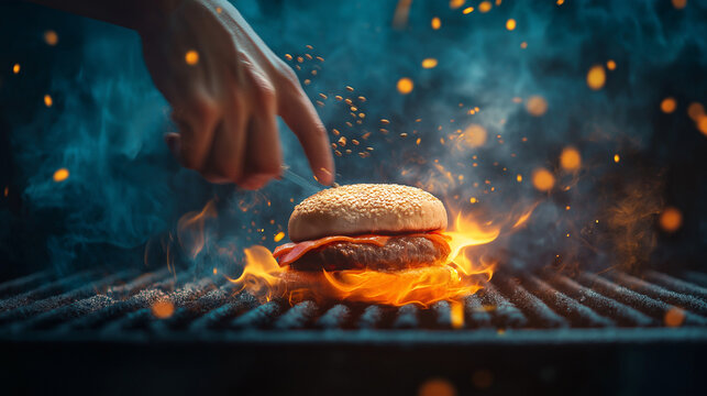 a hand flipping a hamburger on the grill 