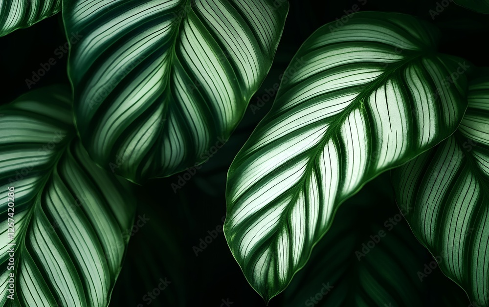 Poster exotic green tropical leaves with a unique striped pattern and luxurious natural texture creating a 