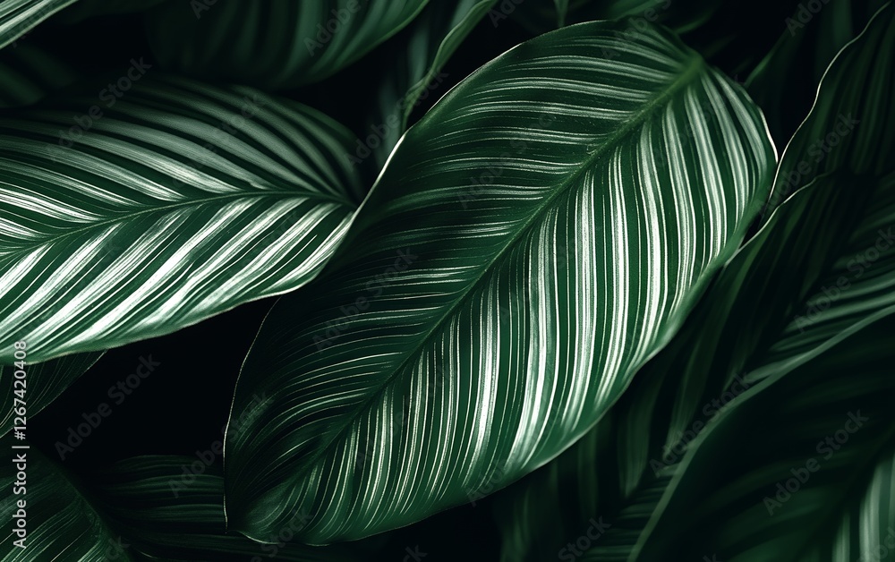 Poster dark green tropical leaves with elegant striped pattern and glossy texture creating a modern and lux