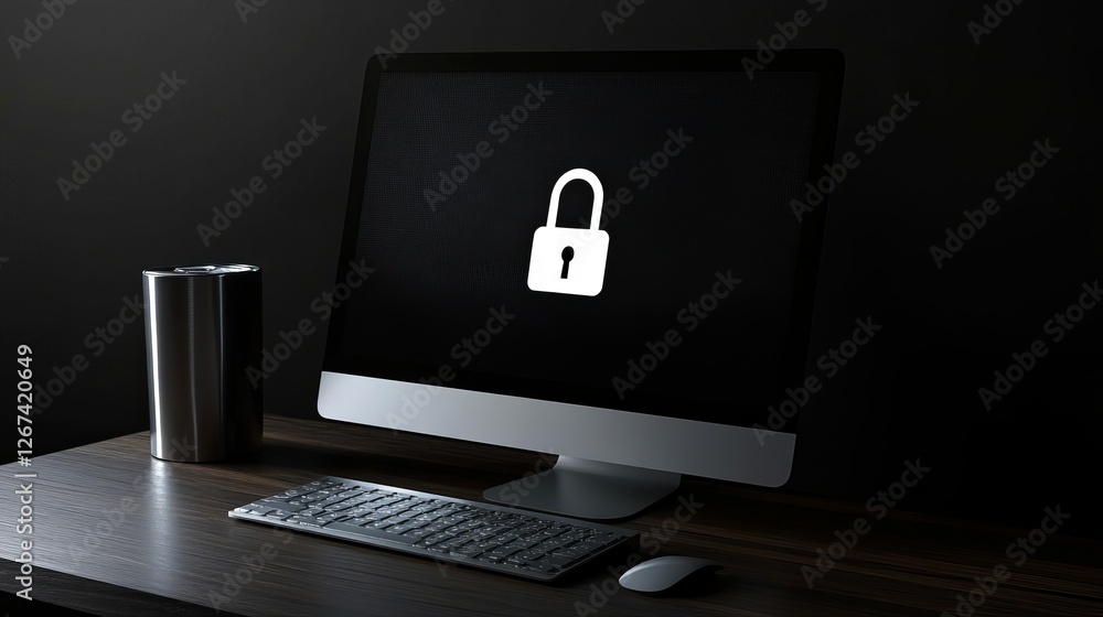 Poster modern desktop computer screen showing padlock icon digital security privacy protection online safet