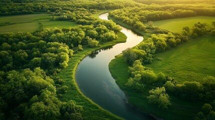 Aerial view of the winding river in a spring meadow at sunrise, with lush greenery and trees on both banks, creating an idyllic countryside landscape