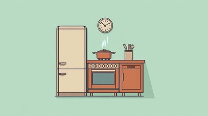 Retro kitchen cooking scene, stovetop simmering, minimalist background, website design