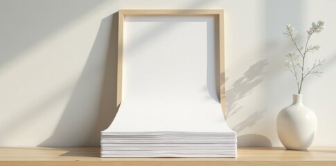 Fototapeta premium Minimalist paper pages stacked vertically in a wooden frame, photo album, layout, template