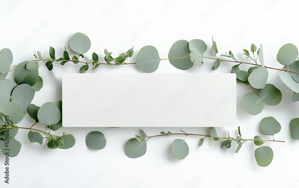 Poster simple and elegant eucalyptus leaf frame with blank white card on a clean minimal background creatin